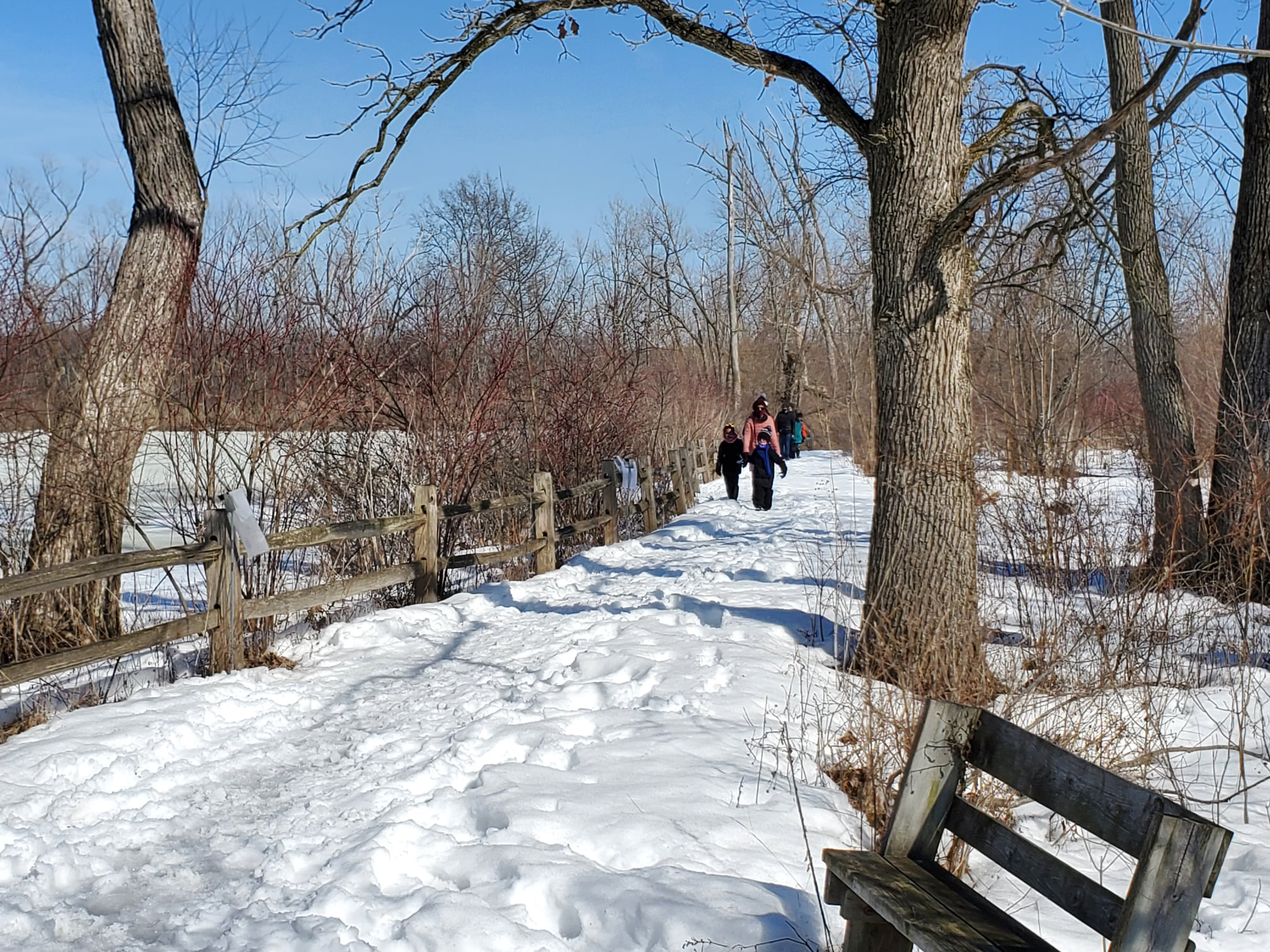 a family walking on a snow covered trail